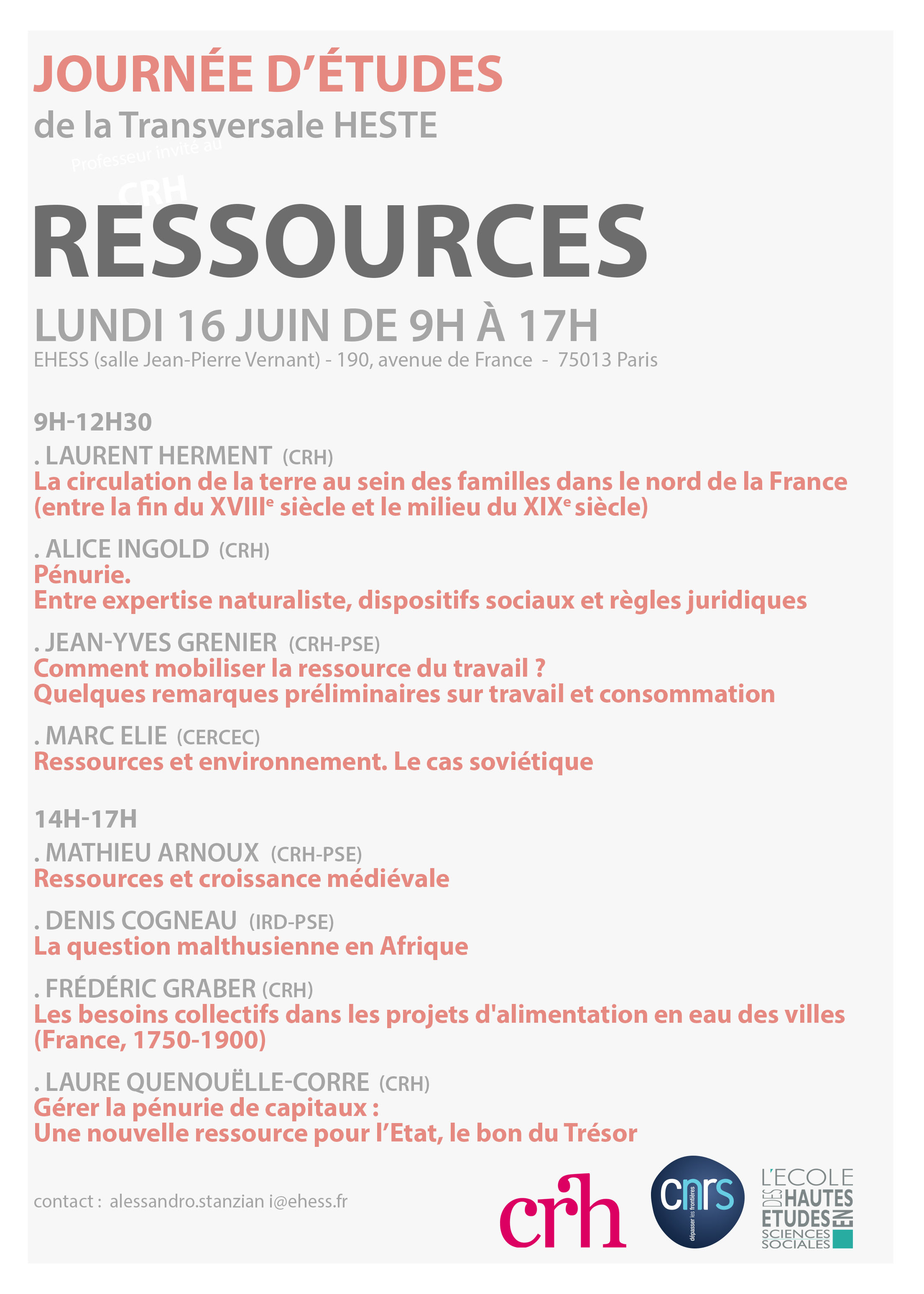 Ressources. Le lundi 16 juin. Journée d'études de la transversale HESTE